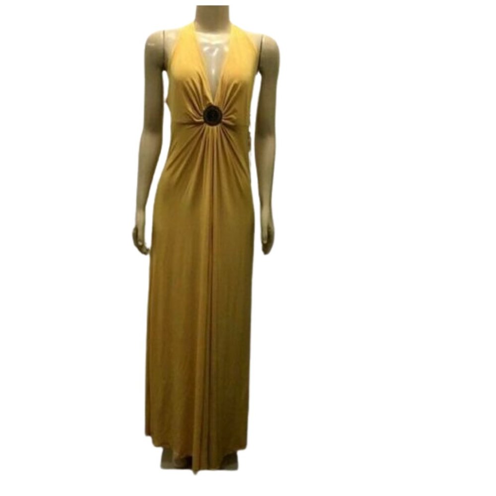 Essentials by A.B.S Maxi Dress 10 Gold Mustard Halter Sleeveless Medallion NWT